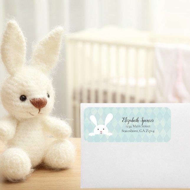 Cute White Bunny Rabbit Return Address | Aqua Blue Label (Creator Uploaded)