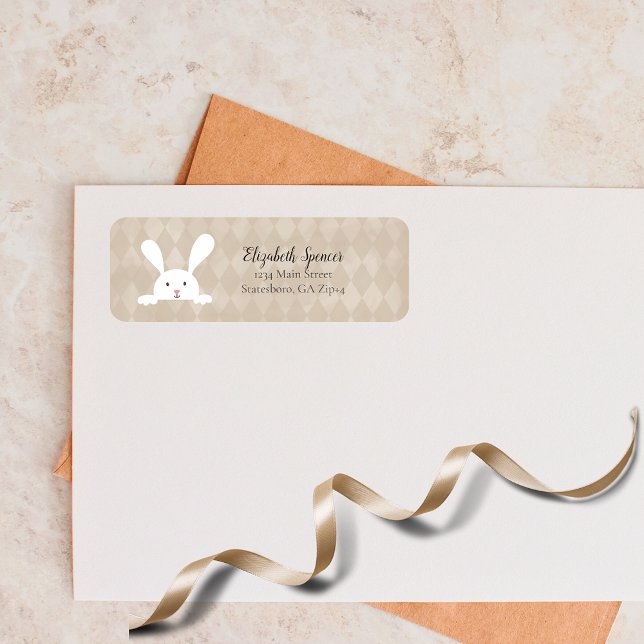 Cute White Bunny Rabbit Return Address | Tan Label (Creator Uploaded)