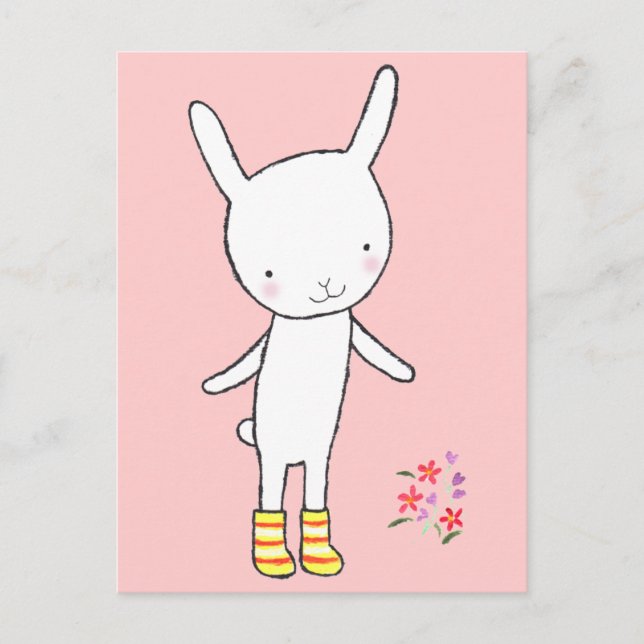 Cute White Bunny Rabbit Yellow Boots Postcard MiKa (Front)