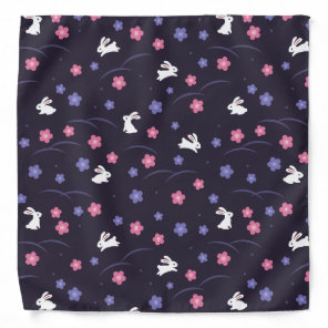 Cute White Bunny Rabbits and Flowers Pattern Bandana