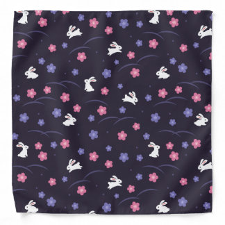 Cute White Bunny Rabbits and Flowers Pattern Bandana