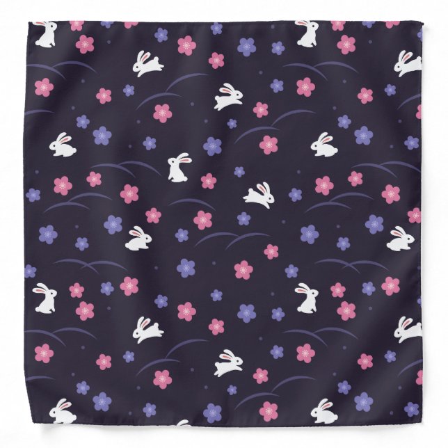 Cute White Bunny Rabbits and Flowers Pattern Bandana (Front)