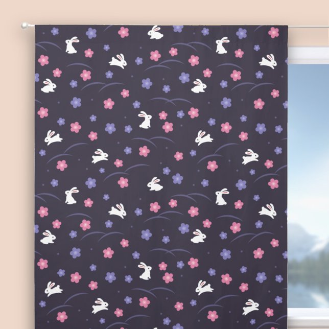 Cute White Bunny Rabbits and Flowers Pattern Blackout Curtains (Creator Uploaded)