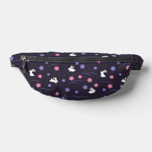 Cute White Bunny Rabbits and Flowers Pattern Fanny Pack
