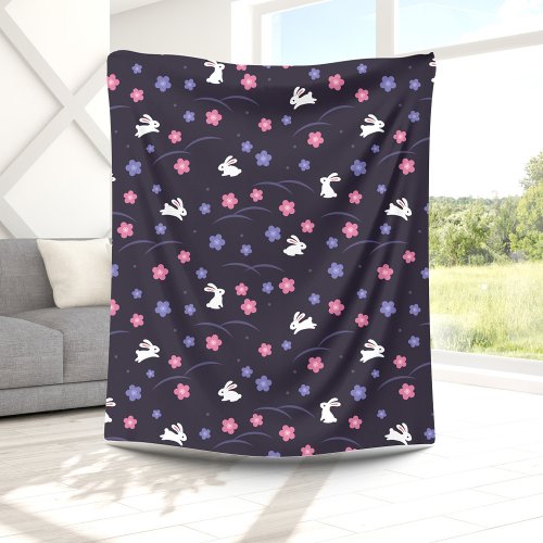 Cute White Bunny Rabbits and Flowers Pattern Fleece Blanket