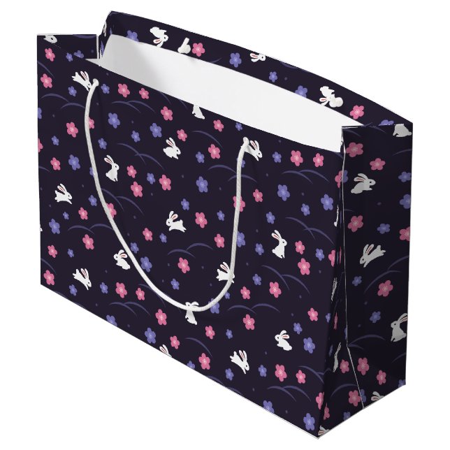 Cute White Bunny Rabbits and Flowers Pattern Large Gift Bag (Back Angled)