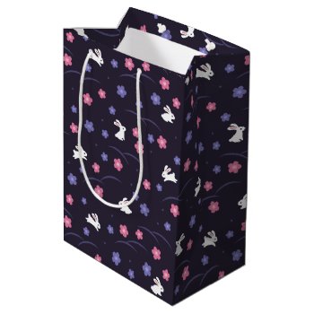 Cute White Bunny Rabbits And Flowers Pattern Medium Gift Bag by Chibibi at Zazzle
