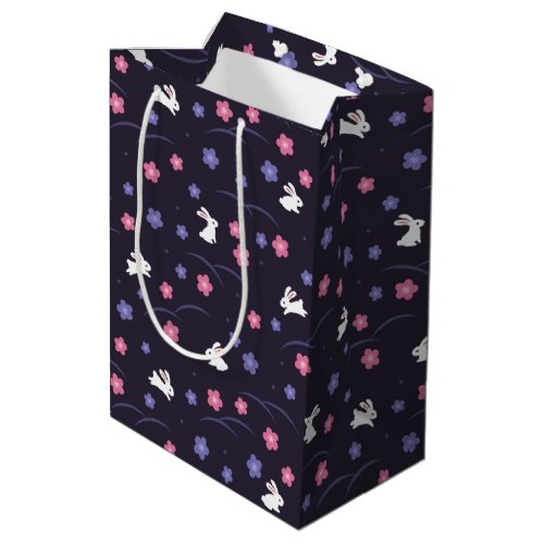 Cute White Bunny Rabbits and Flowers Pattern Medium Gift Bag