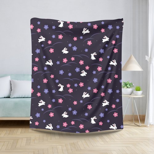 Cute White Bunny Rabbits and Flowers Pattern Sherpa Blanket