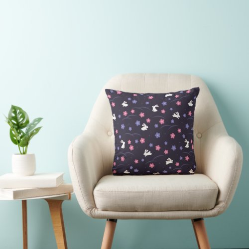 Cute White Bunny Rabbits and Flowers Pattern Throw Pillow