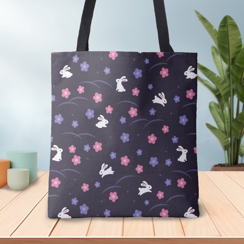 Cute White Bunny Rabbits and Flowers Pattern Tote Bag