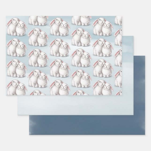 Cute White Bunny Rabbits Blue Winter Christmas  Wrapping Paper Sheets (Set)