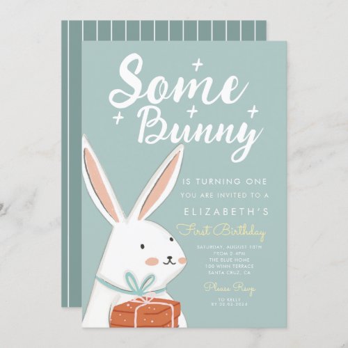 Cute White Bunny Some Bunny Turning One Birthday Invitation