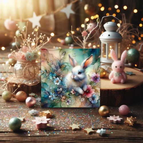 Cute White Bunny Watercolor Flowers Glitter Easter Holiday Card