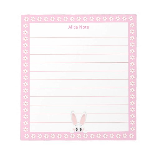 Cute White Bunny  White Flowers on Lined Notepad