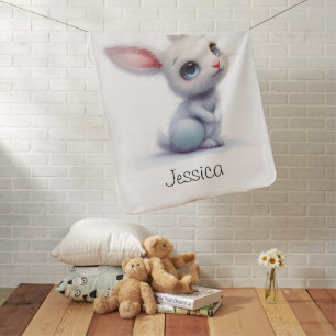 Cute White Bunny with Big Blue Eyes Baby Name Blanket