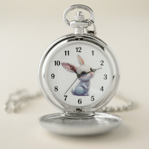 Cute White Bunny with Big Blue Eyes Black Numbers Pocket Watch