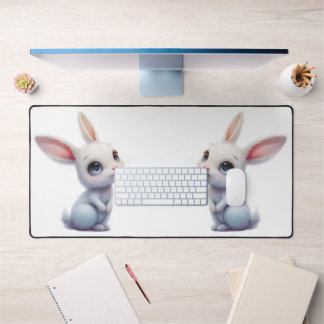 Cute White Bunny with Big Blue Eyes Desk Mat