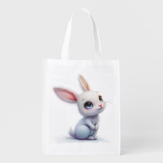 Cute White Bunny with Big Blue Eyes Grocery Bag (Front)