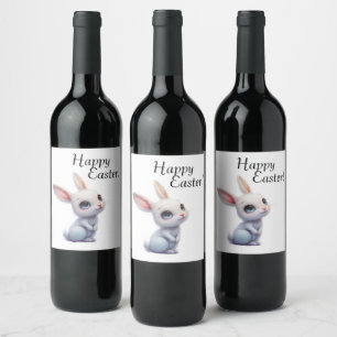 Cute White Bunny with Big Blue Eyes Happy Easter Wine Label