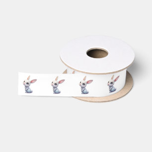 Cute White Bunny with Big Blue Eyes Satin Ribbon