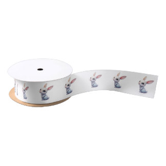 Cute White Bunny with Big Blue Eyes Satin Ribbon