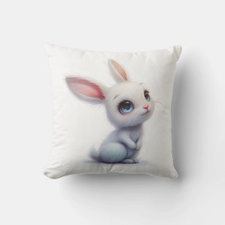 Cute White Bunny with Big Blue Eyes Throw Pillow