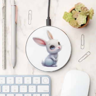 Cute White Bunny with Big Blue Eyes Wireless Charger