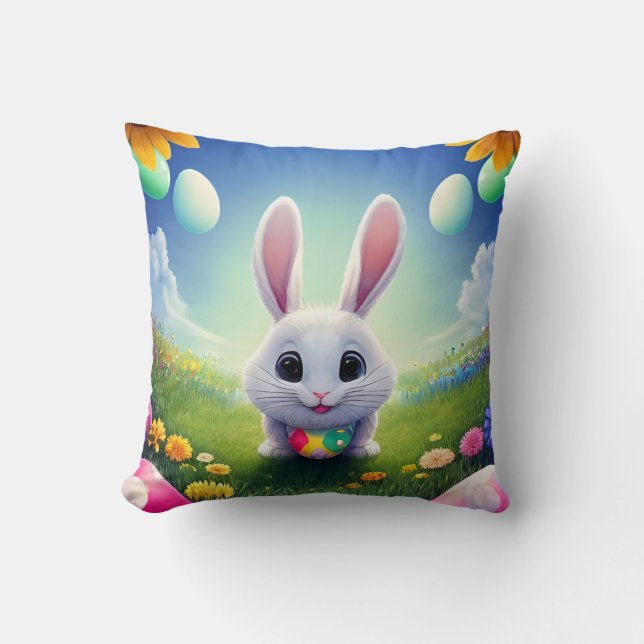 Cute White Bunny with Easter Eggs Throw Pillow (Front)