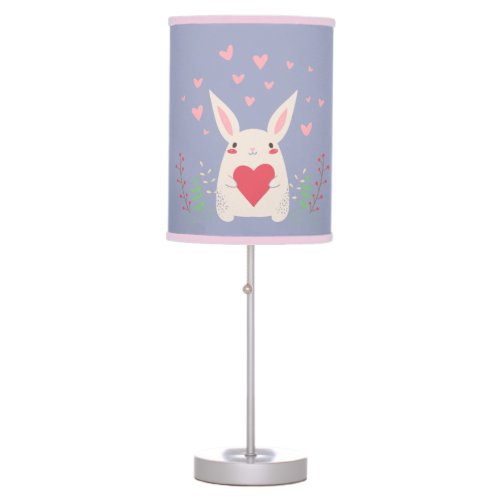 Cute White Bunny With Heart Blue Table Lamp