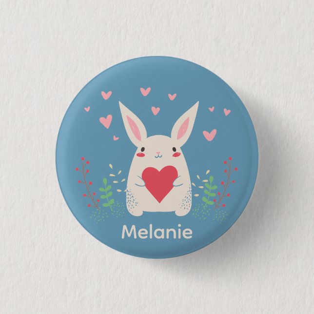 Cute White Bunny With Heart Personalised Button (Front)