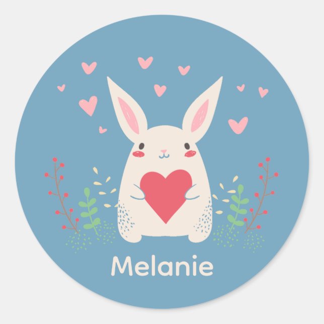 Cute White Bunny With Heart Personalised Classic Round Sticker (Front)