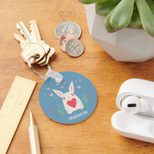 Cute White Bunny With Heart Personalised Keychain