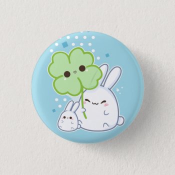 Cute White Bunny With Kawaii Clover Button by Chibibunny at Zazzle