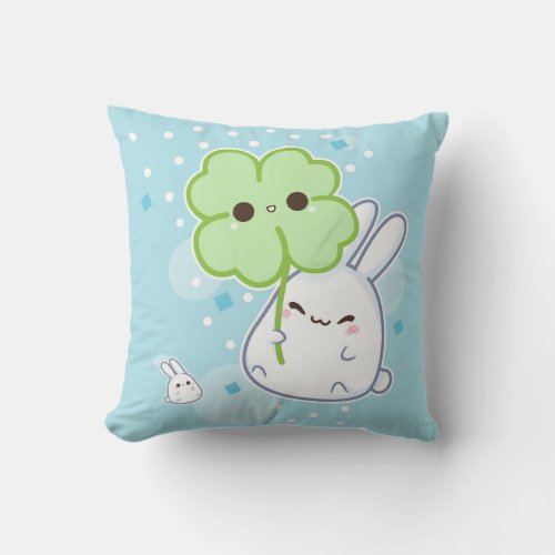 Cute white bunny with kawaii clover throw pillow