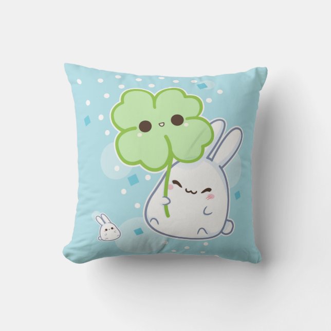 Cute white bunny with kawaii clover throw pillow (Front)