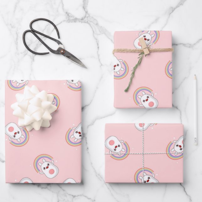 Cute white bunny with rainbow pattern pink wrapping paper sheets (Front)