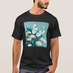 Cute White Butterfly Illustration Flowers Minimal  T-Shirt
