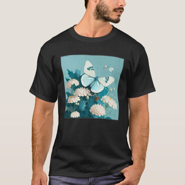 Cute White Butterfly Illustration Flowers Minimal  T-Shirt (Front)