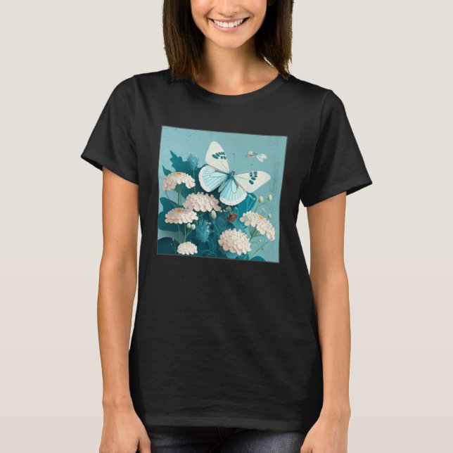 Cute White Butterfly Illustration Flowers Minimal  T-Shirt (Front)