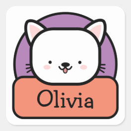 Cute White Cartoon Cat Personalized Square Sticker