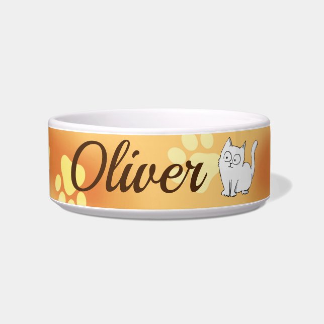 Cute White Cartoon Kitten on Yellow Pawprint Bowl (Front)