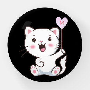 Cute White Cat and Monogram on Black Paperweight