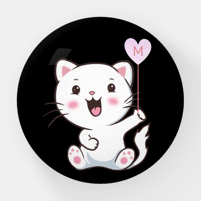 Cute White Cat and Monogram on Black Paperweight (Front)