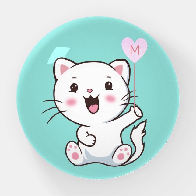 Cute White Cat and Monogram on Light Blue Paperweight (Front)