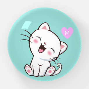 Cute White Cat and Monogram on Light Teal Paperweight