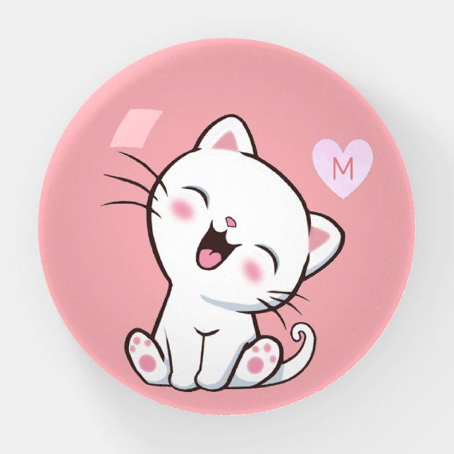 Cute White Cat and Monogram on Pink Paperweight (Front)