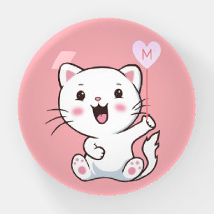 Cute White Cat and Monogram on Pink Paperweight
