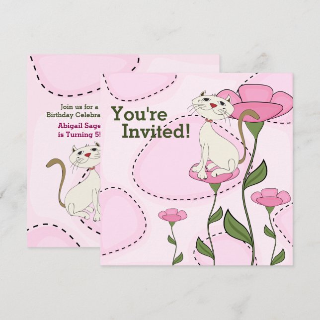 Cute White Cat and Pink Flowers Birthday Invitation (Front/Back)