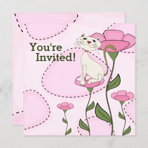 Cute White Cat and Pink Flowers Birthday Invitation